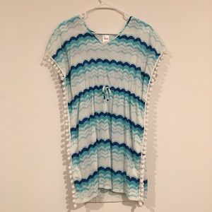 Junior Blue Beach Waves PomPom Swim Cover-Up Dress